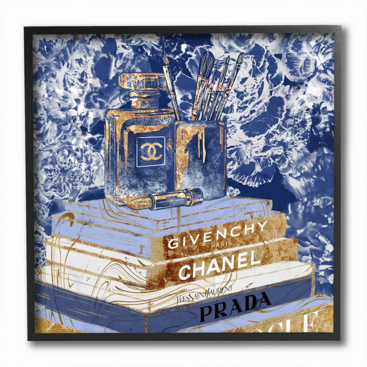 Stupell Industries Fashion Book Pile Glam Designer Accessories Blue Gold Framed Wall Art